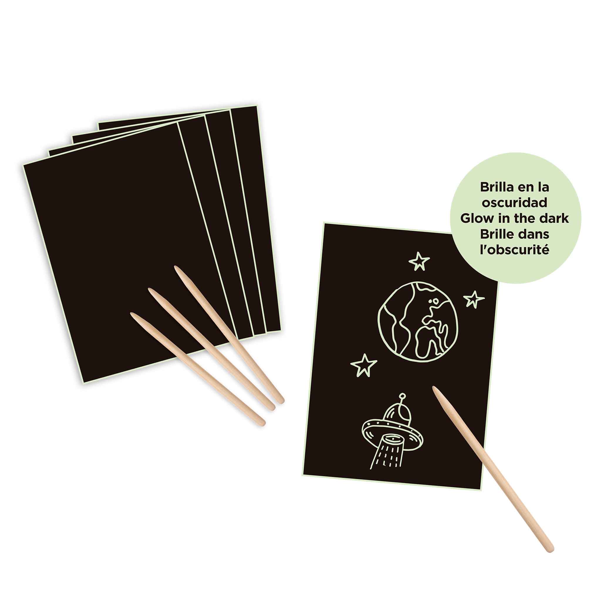 LAMINAS MAGIC SCRATCH APLI DIBUJOS FOSFORESCENTES, BRILLAN EN LA OSCURIDAD